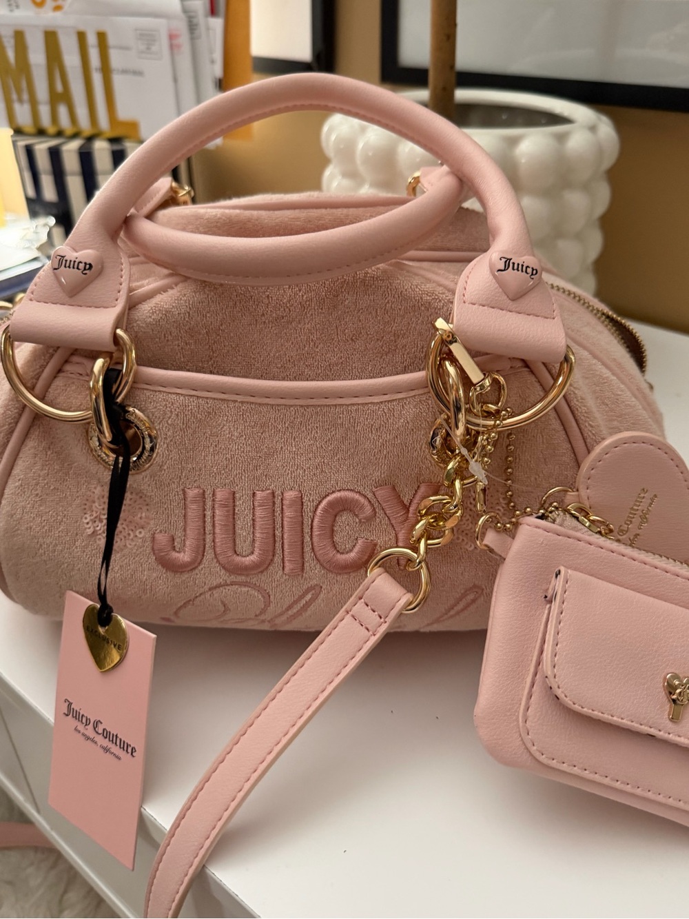 Juicy Couture Blush Pink Suede Satchel with Gold Hardware